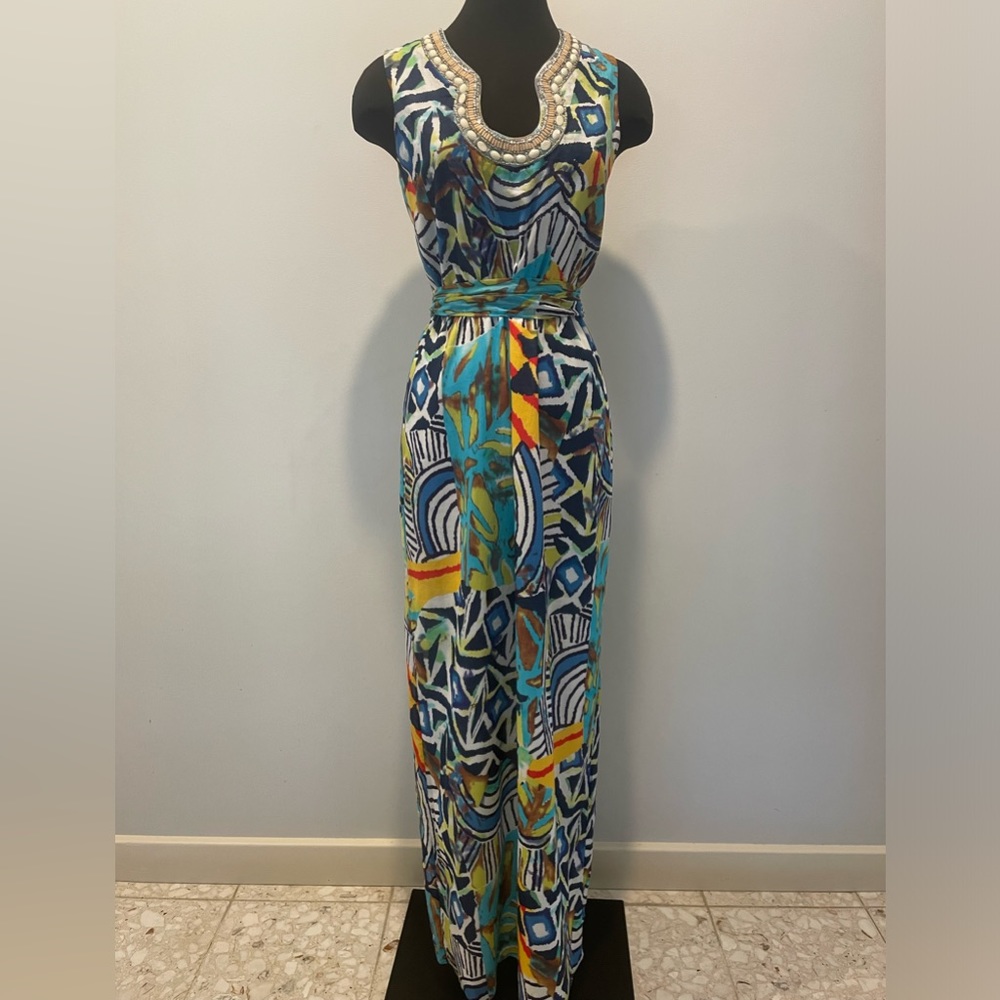 Sleeveless Tie-Waist Maxi Dress in Multicolor Print